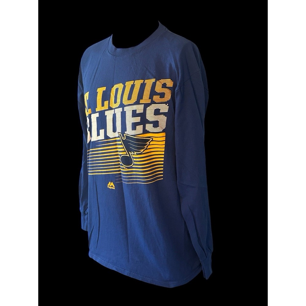 St Louis Blues Shirt Mens Medium Blue Yellow Long Sleeve Majestic NHL Hockey - Picture 4 of 8